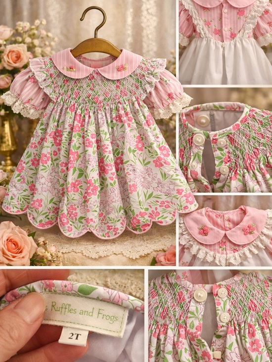 Vintage Other - RARE Ruffles and Frogs Heirloom Hand Smocked Floral Scallop Dress 2T Luxury